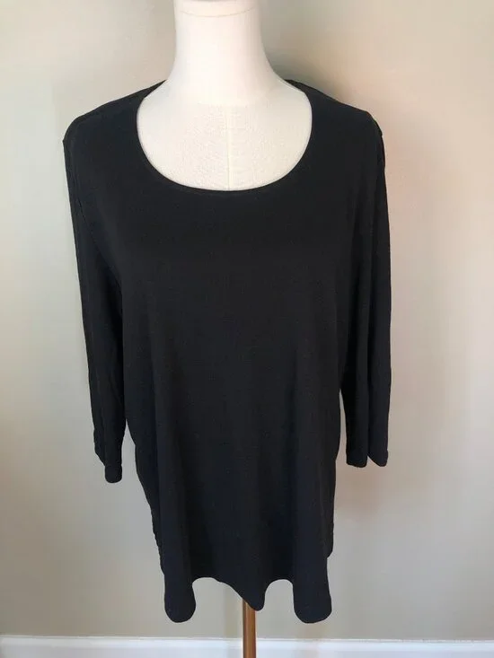 Eileen Fisher 100% Organic Cotton 3/4 Sleeve Scoop Neck Black Tunic Tee Size XL - Picture 1 of 9